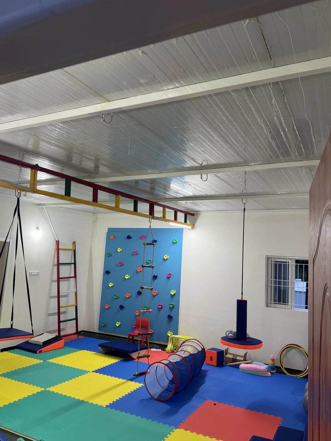Edelweizz's occupational therapy hall, with padded floors, swings and a climbing wall